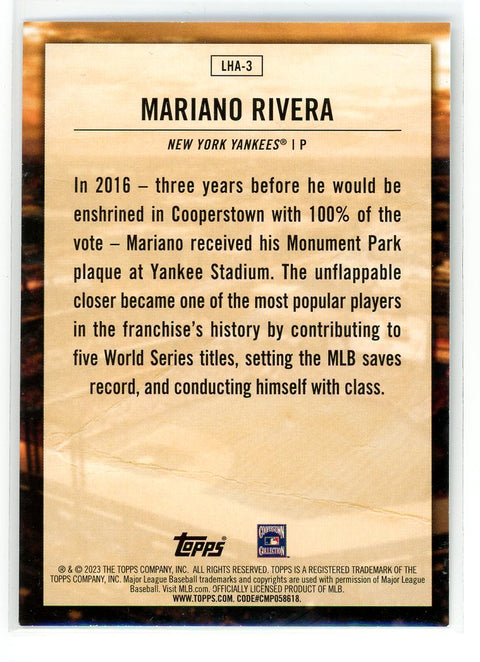 2023 Topps #LHA-3 Mariano Rivera Legendary Home Field Advantage