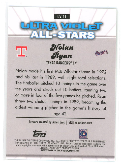 2024 Topps Chrome #UV-11 Nolan Ryan Ultraviolet All-Stars Green Refractors #/99