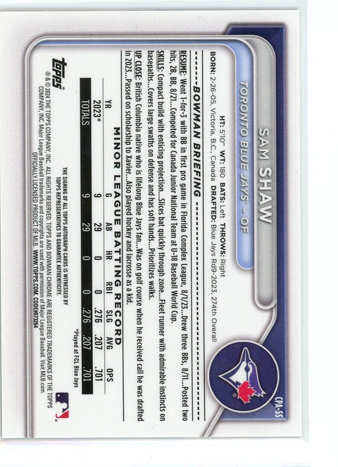 2024 Bowman #CPA-SS Sam Shaw Chrome Prospects Autographs Refractors /50
