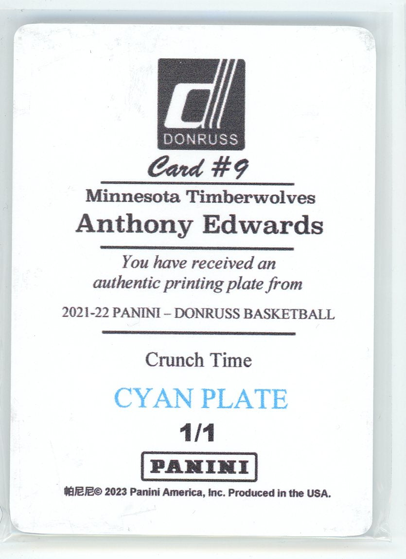 2023 Donruss ##9 Anthony Edwards Cyan Plate 1/1