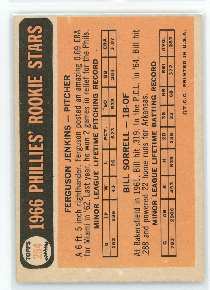1966 Topps #254 Phillies 1966 Rookie Stars (Ferguson Jenkins / Bill Sorrell)