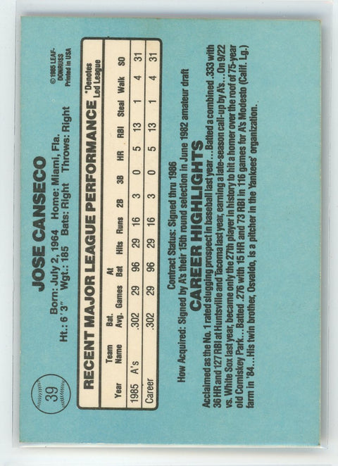 1986 Donruss #39 Jose Canseco