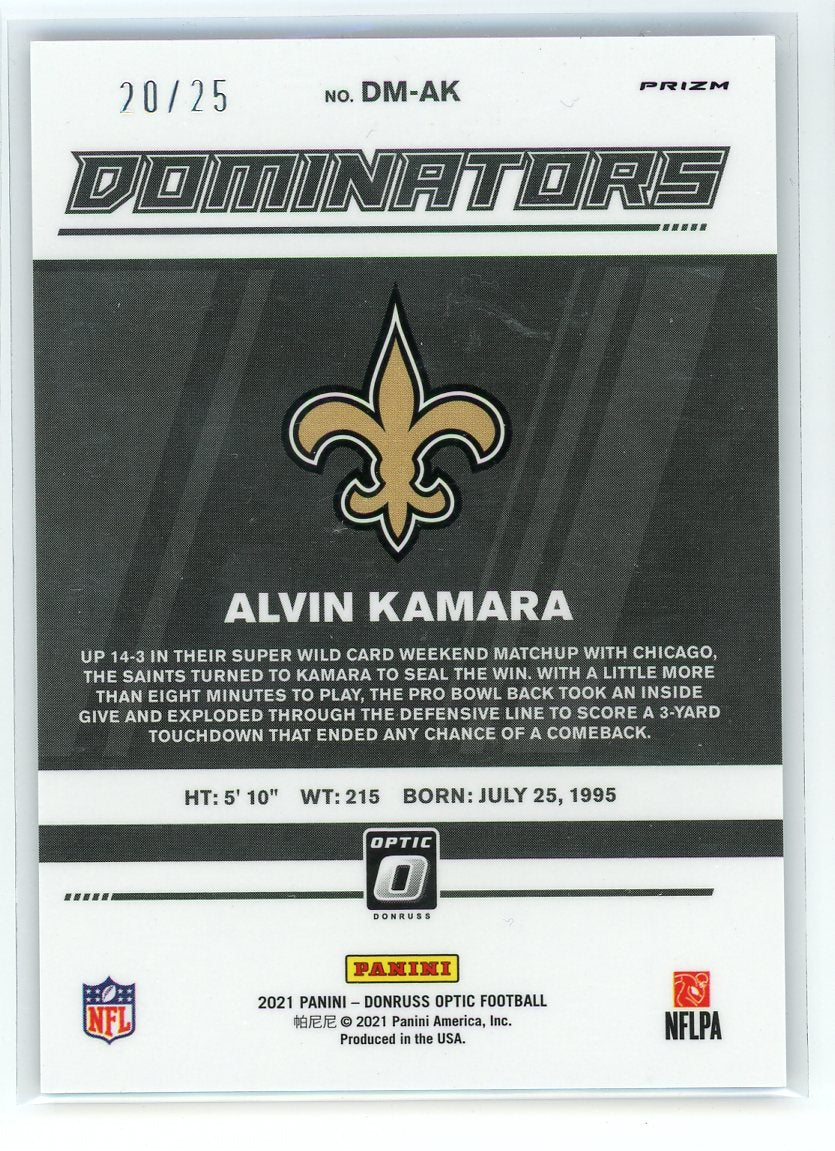2021 Donruss Optic #DM-AK Alvin Kamara Dominators Purple Prizm /25