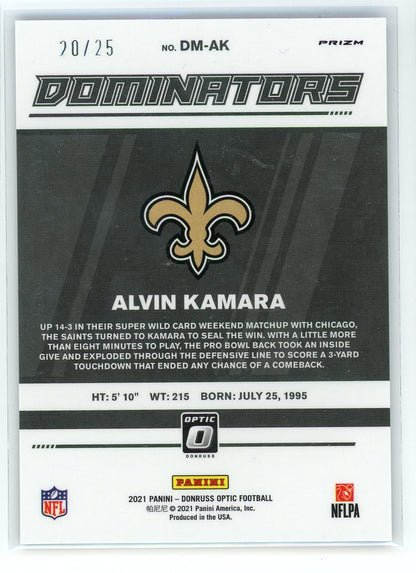 2021 Donruss Optic #DM-AK Alvin Kamara Dominators Purple Prizm /25