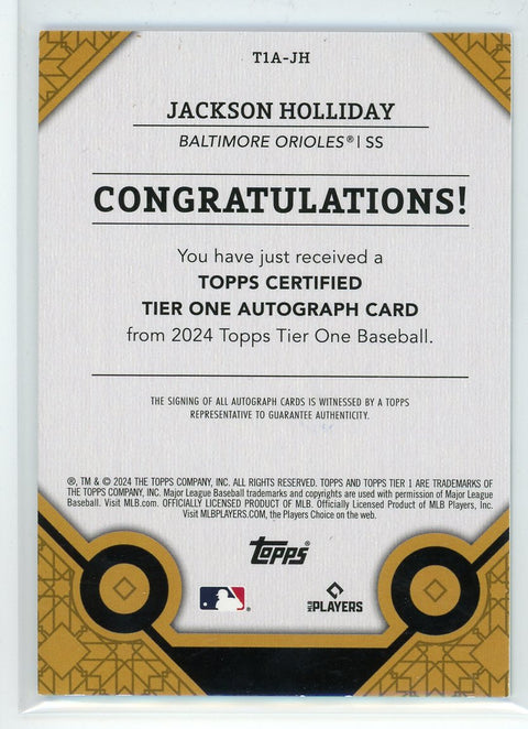 2024 Topps Tier One #T1A-JH Jackson Holliday Tier One Autographs Green Foil /49