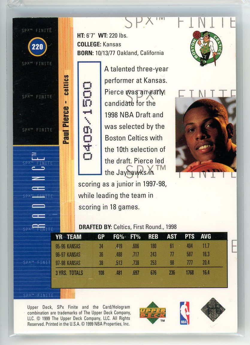 1998-99 Upper Deck #220 Paul Pierce 1998-99 SPx Finite Rookie Update #/2500