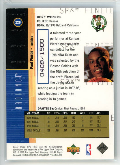 1998-99 Upper Deck #220 Paul Pierce 1998-99 SPx Finite Rookie Update #/2500