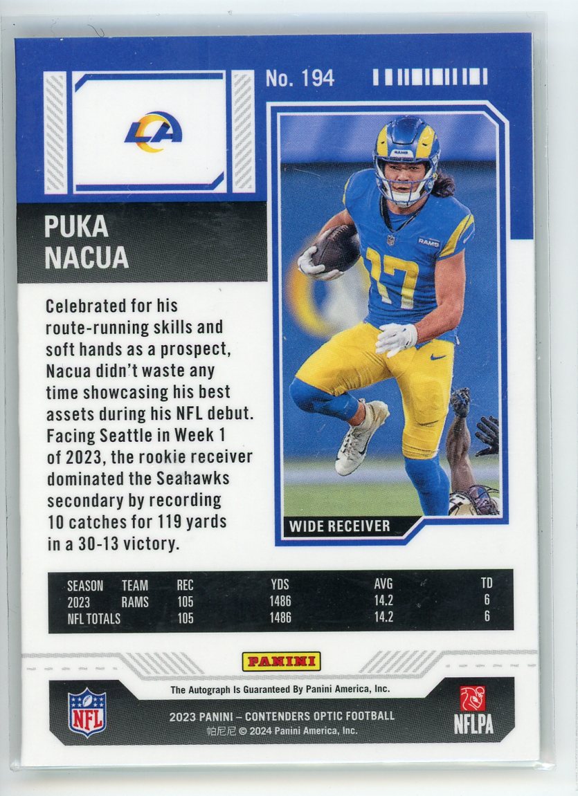 2023 Panini Contenders Optic #194 Puka Nacua Rookie Ticket Seat 17