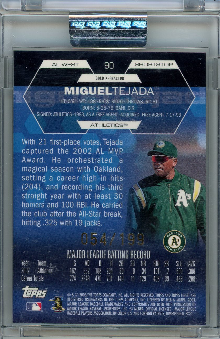 2003 Finest #90 Miguel Tejada Uncirculated Gold X-Fractors #/199
