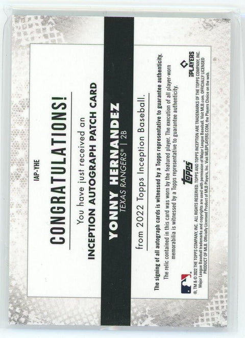 2022 Topps Inception #IAP-YHE Yonny Hernandez Magenta Patch Auto /75