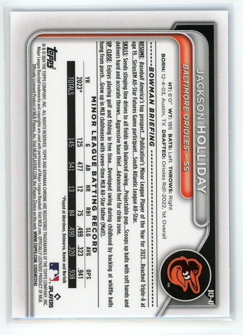 2024 Bowman #BCP-47 Jackson Holliday Blue Cracked Ice