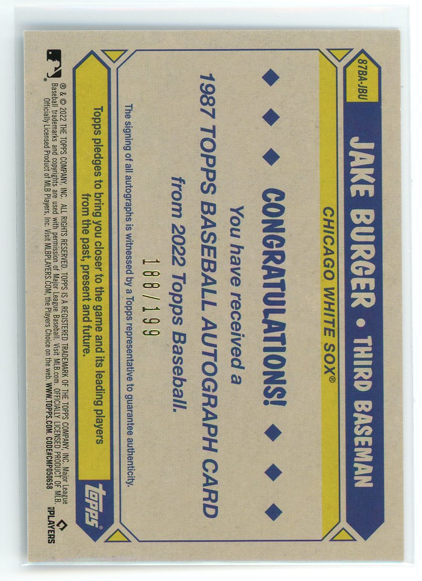 2022 Topps #87BA-JBU Jake Burger 1987 35th Anniversary Autographs