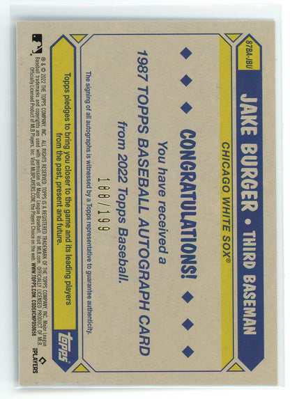 2022 Topps #87BA-JBU Jake Burger 1987 35th Anniversary Autographs