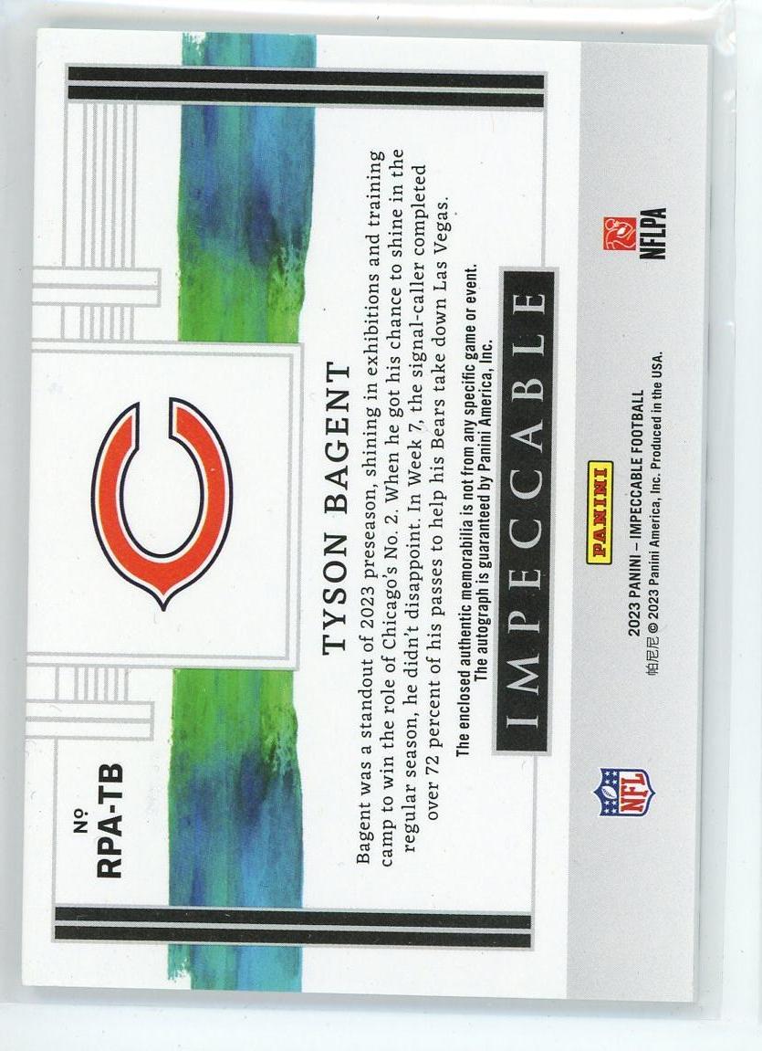 2023 Panini Impeccable #RPA-TB Tyson Bagnet Rookie Patch Auto /49