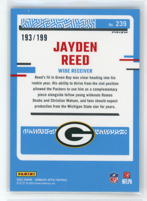2023 Donruss Optic #239 Jayden Reed Blue #/199