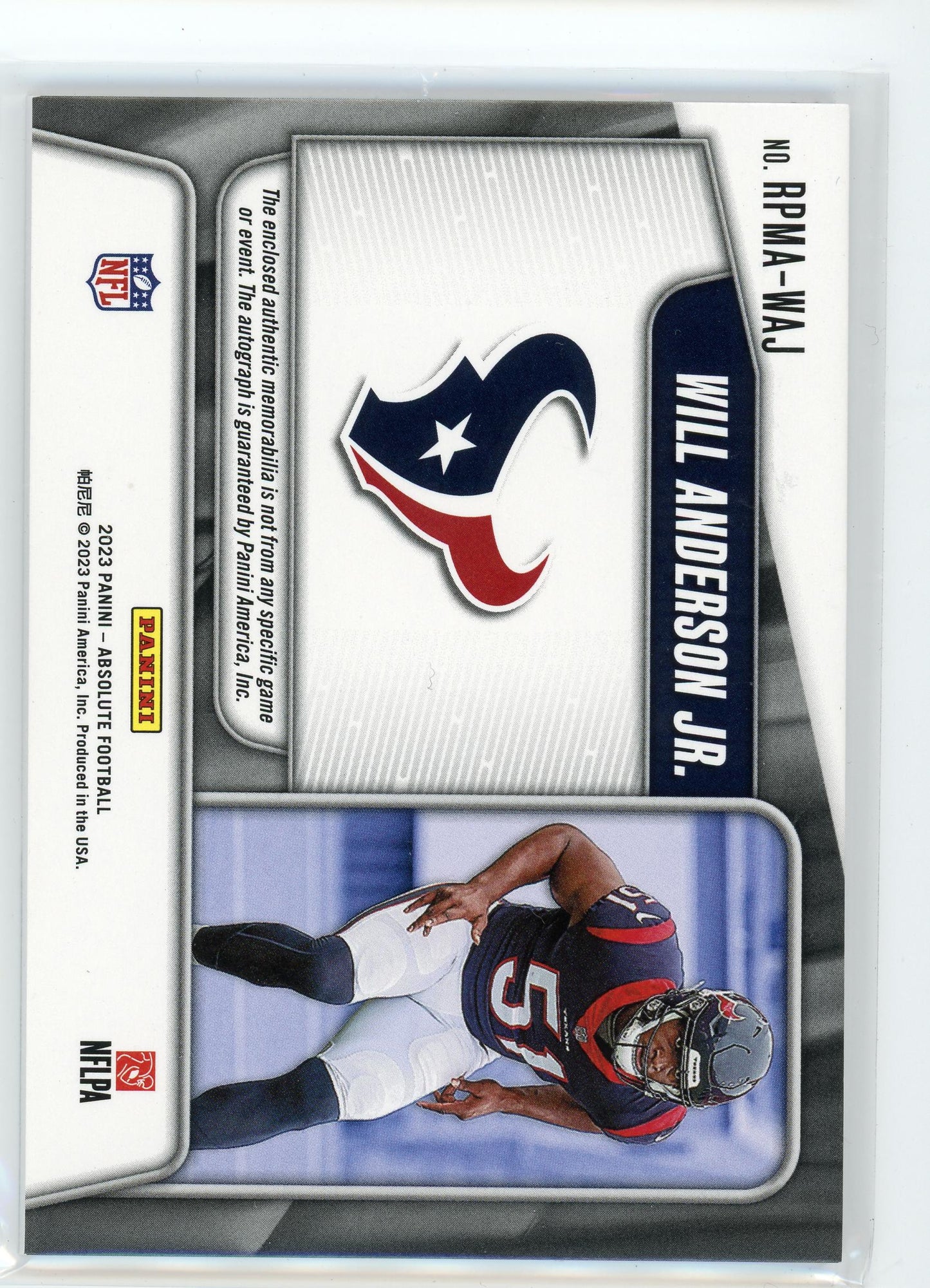 2023 Panini Absolute #RPMA-WAJ Will Anderson Jr. Rookie Premier Patch Auto /99