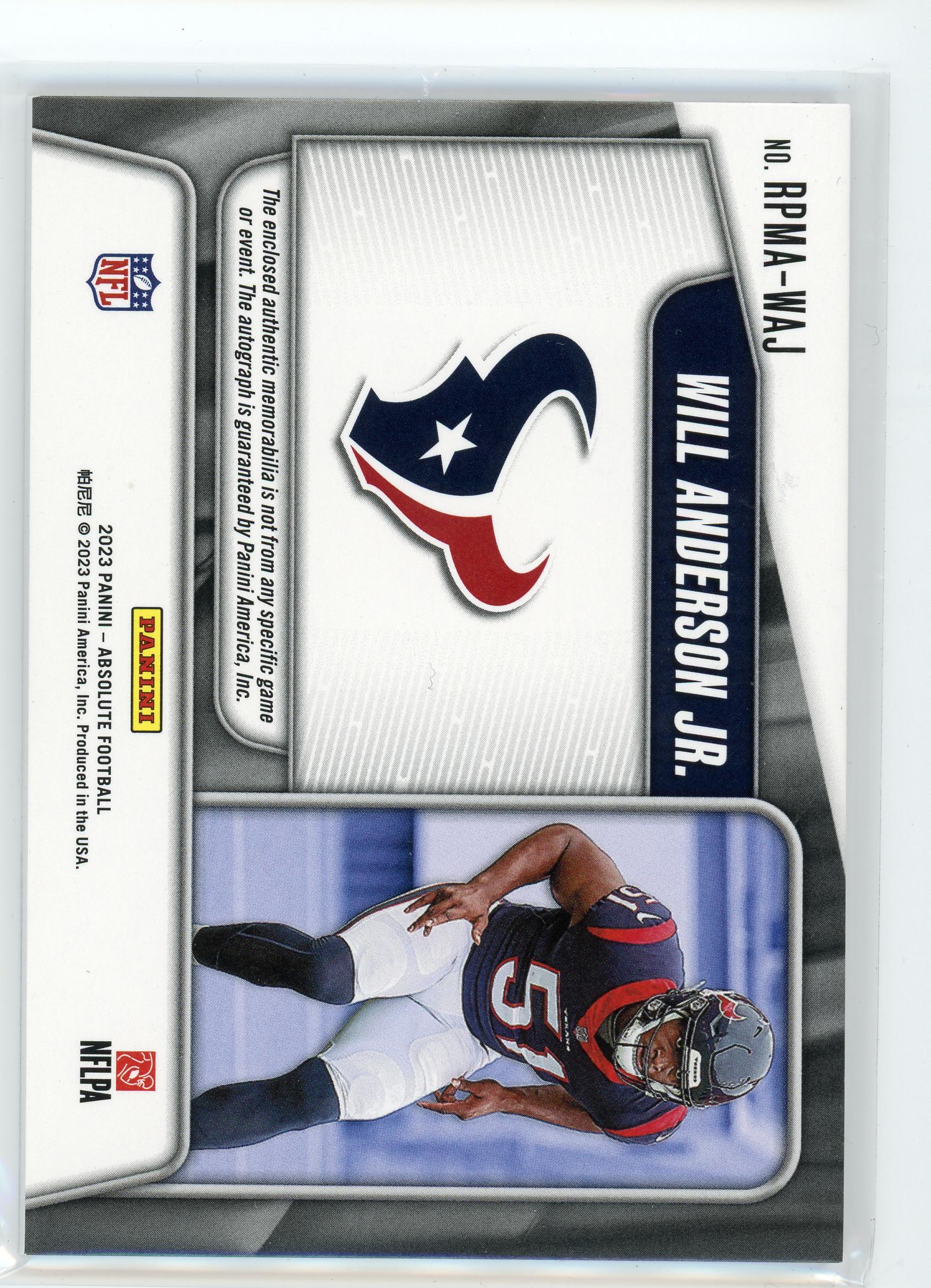 2023 Panini Absolute #RPMA-WAJ Will Anderson Jr. Rookie Premier Patch Auto /99