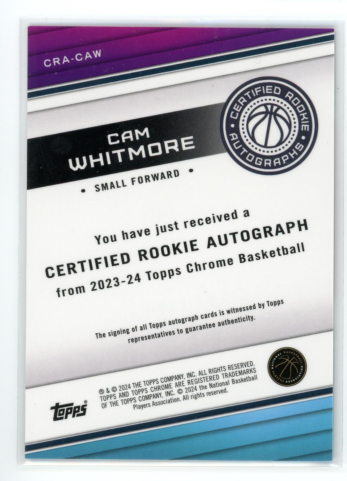 2024 Topps Chrome #CRA-CAW Cam WHitmore Rookie Auto /5