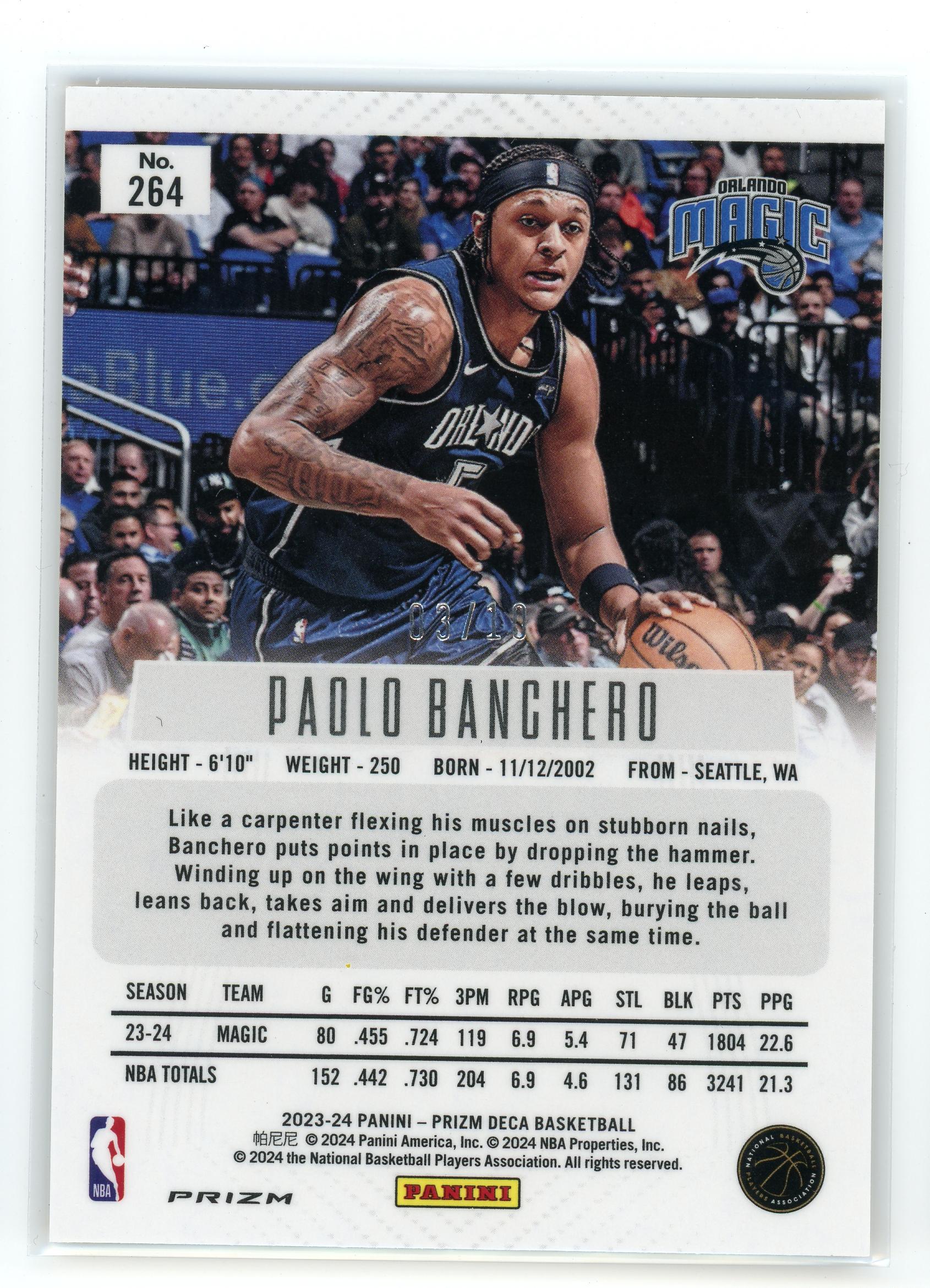 2023-24 Panini Deca #264 Paolo Banchero Gold Prizm /10