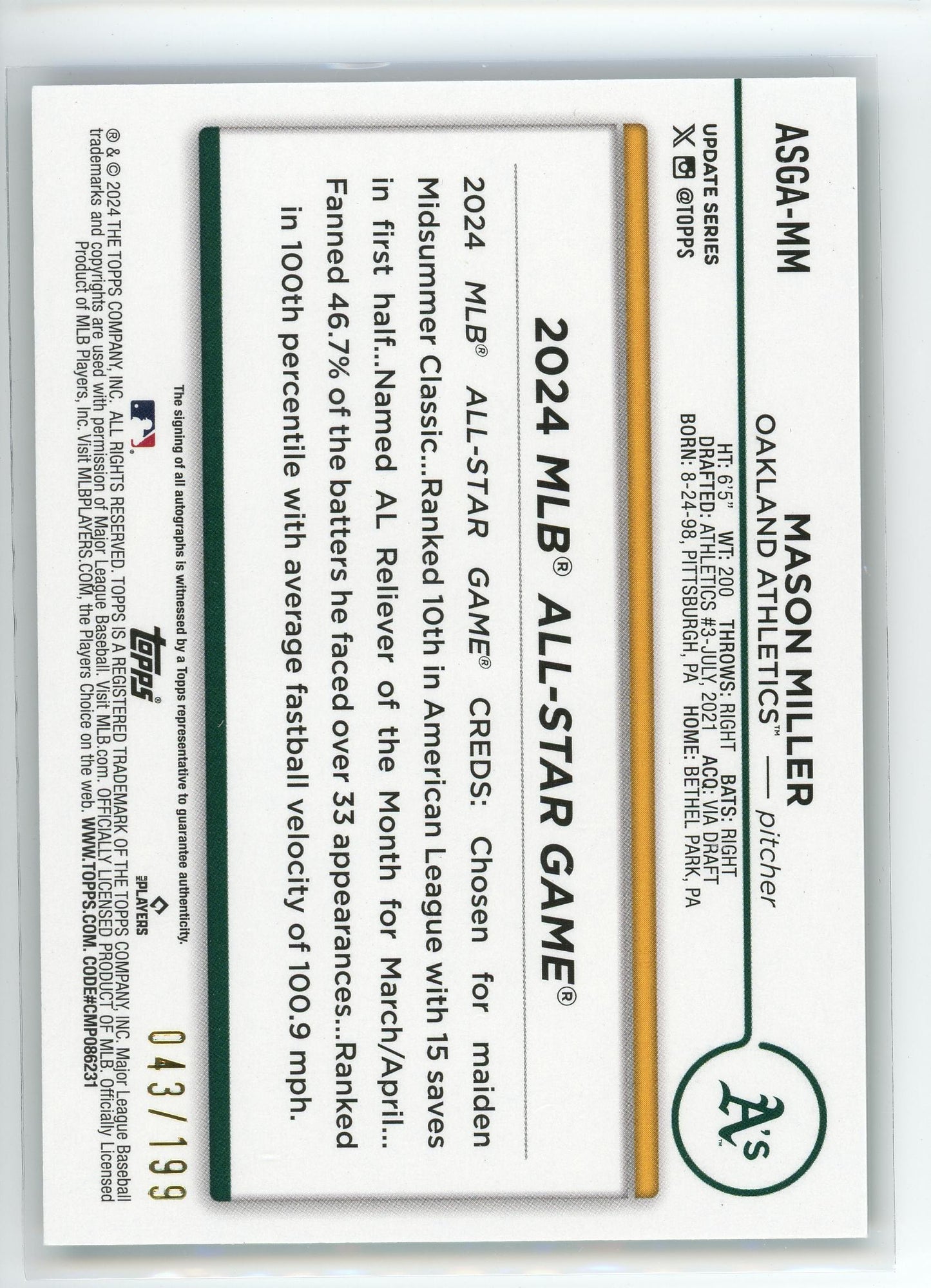 2024 Topps #ASGA-MM Mason Miller All Star Game Auto /199