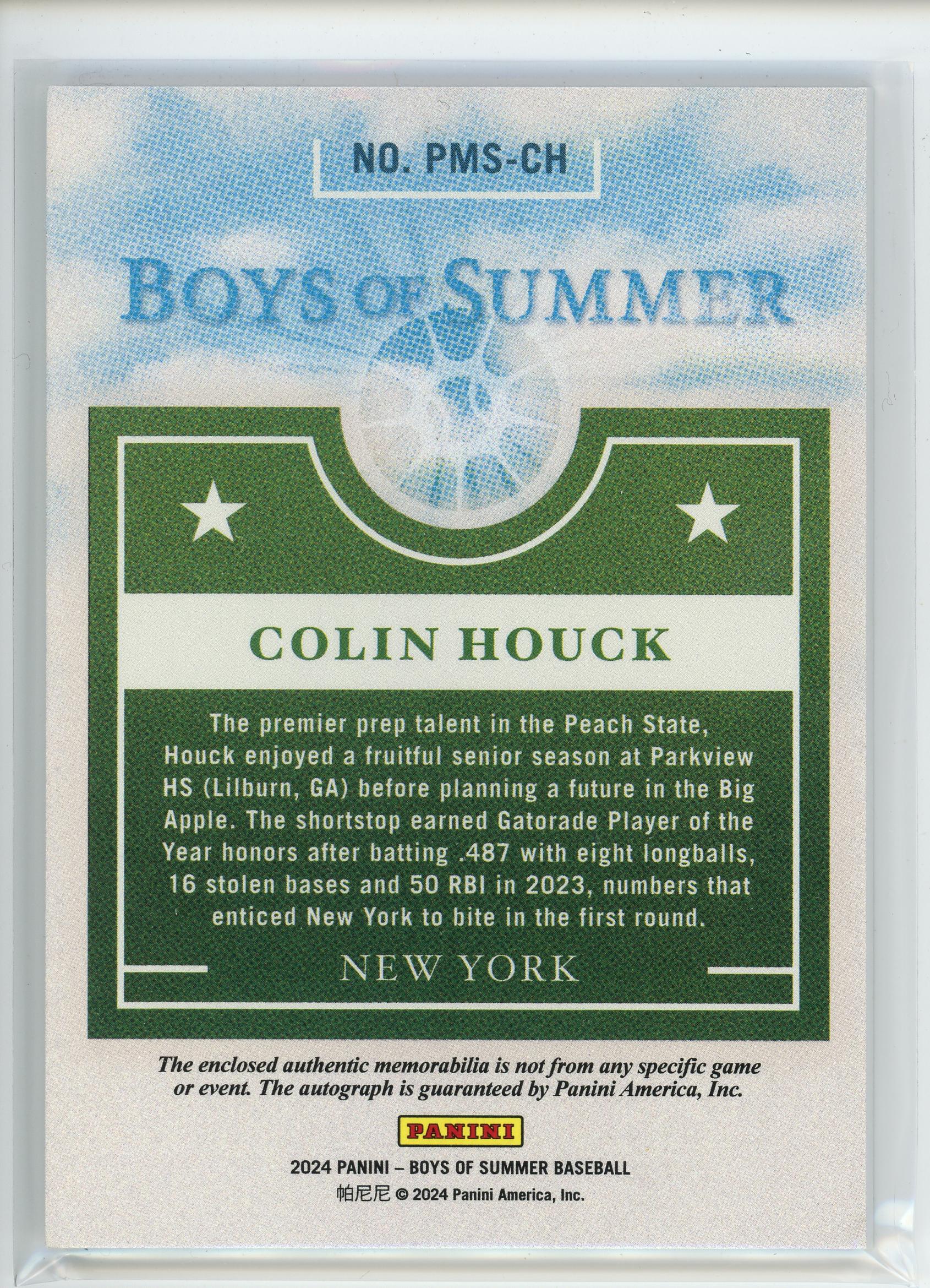 2024 Panini Boys Of Summer #PMS-CH Colin Houck Patch Auto /25
