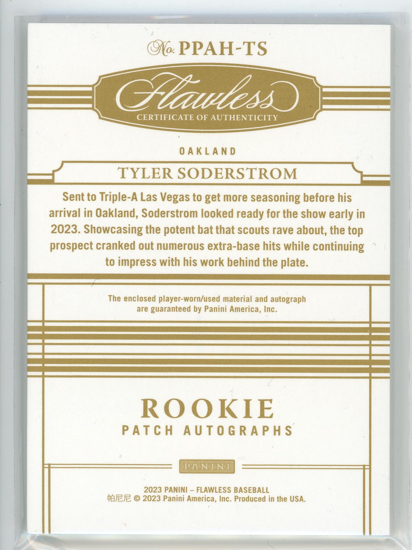 2023 Panini Flawless #PPAH-TS Tyler Soderstrom Rookie Patch Auto /15