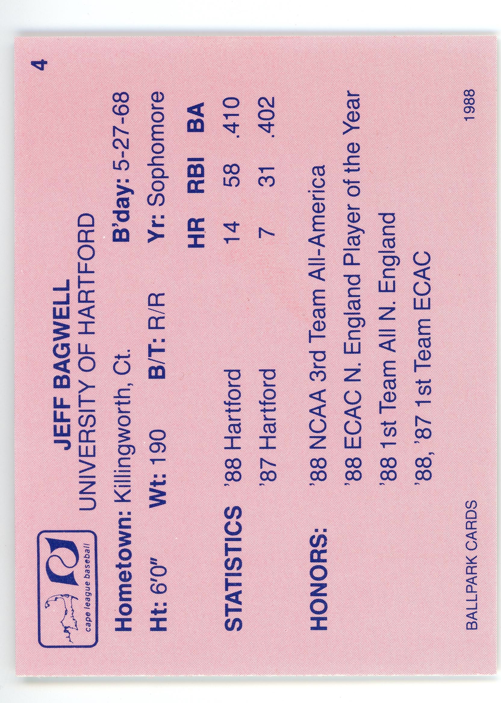 1988 Ballpark Cape Cod League Prospects #4 Jeff Bagwell