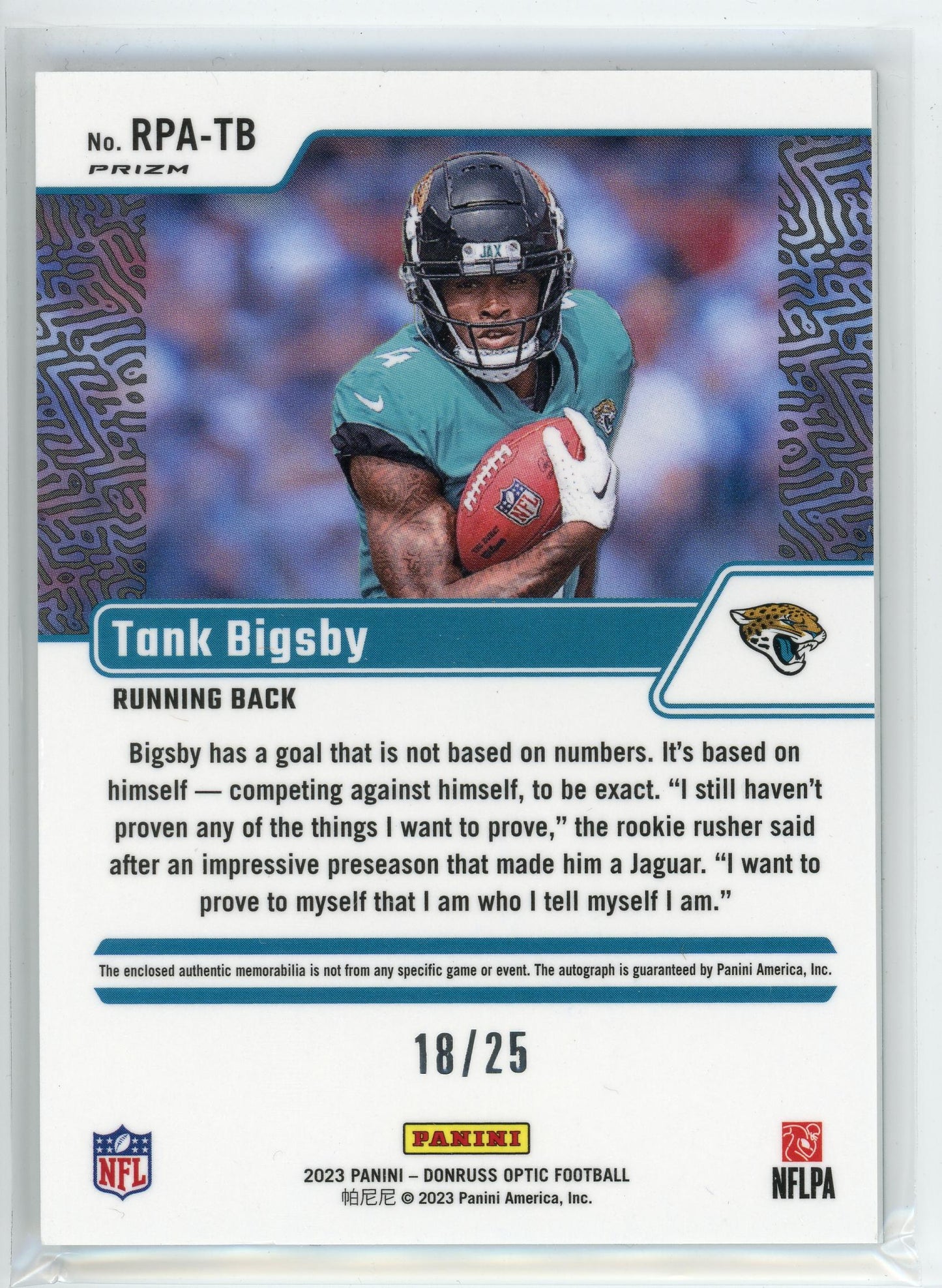 2023 Donruss Optic #RPA-TB Tank Bigsby Rookie Patch Auto /25