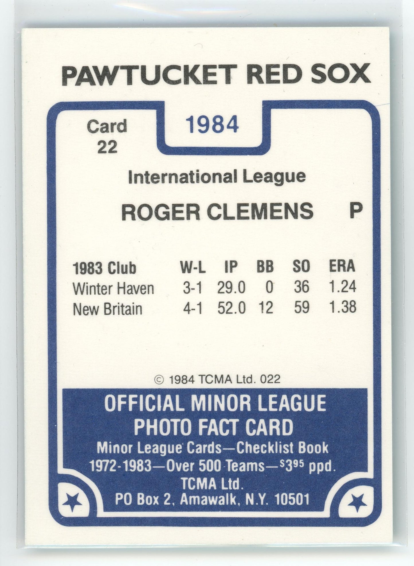 1984 TCMA Pawtucket Red Sox #22 Roger Clemens