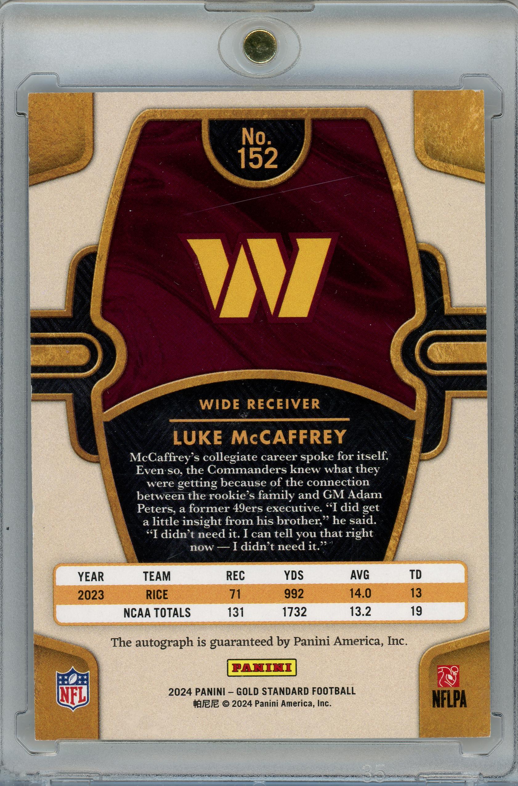 2024 Panini Gold Standard #152 Luke McCaffrey Auto