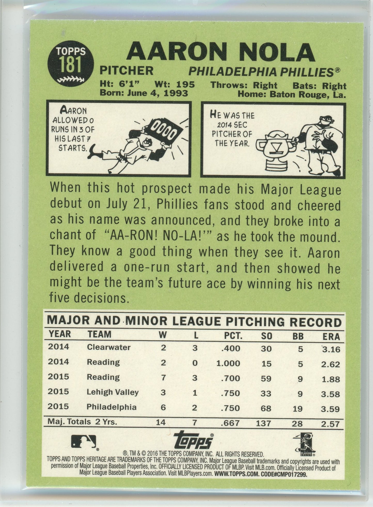 2016 Topps Heritage #181b Aaron Nola Action Image