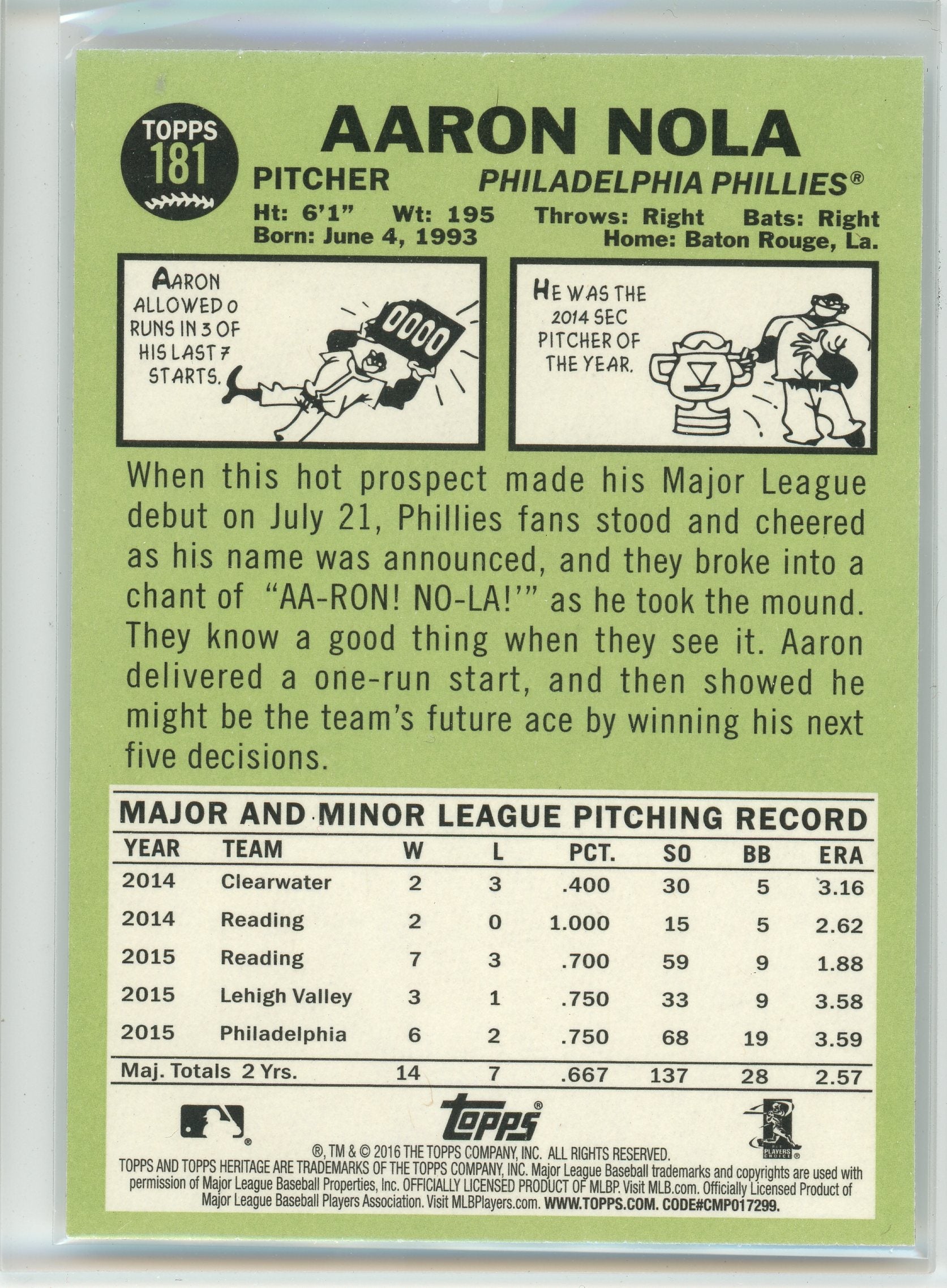 2016 Topps Heritage #181b Aaron Nola Action Image