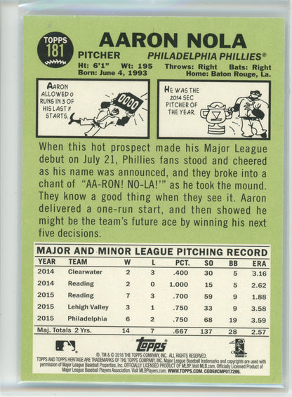 2016 Topps Heritage #181b Aaron Nola Action Image