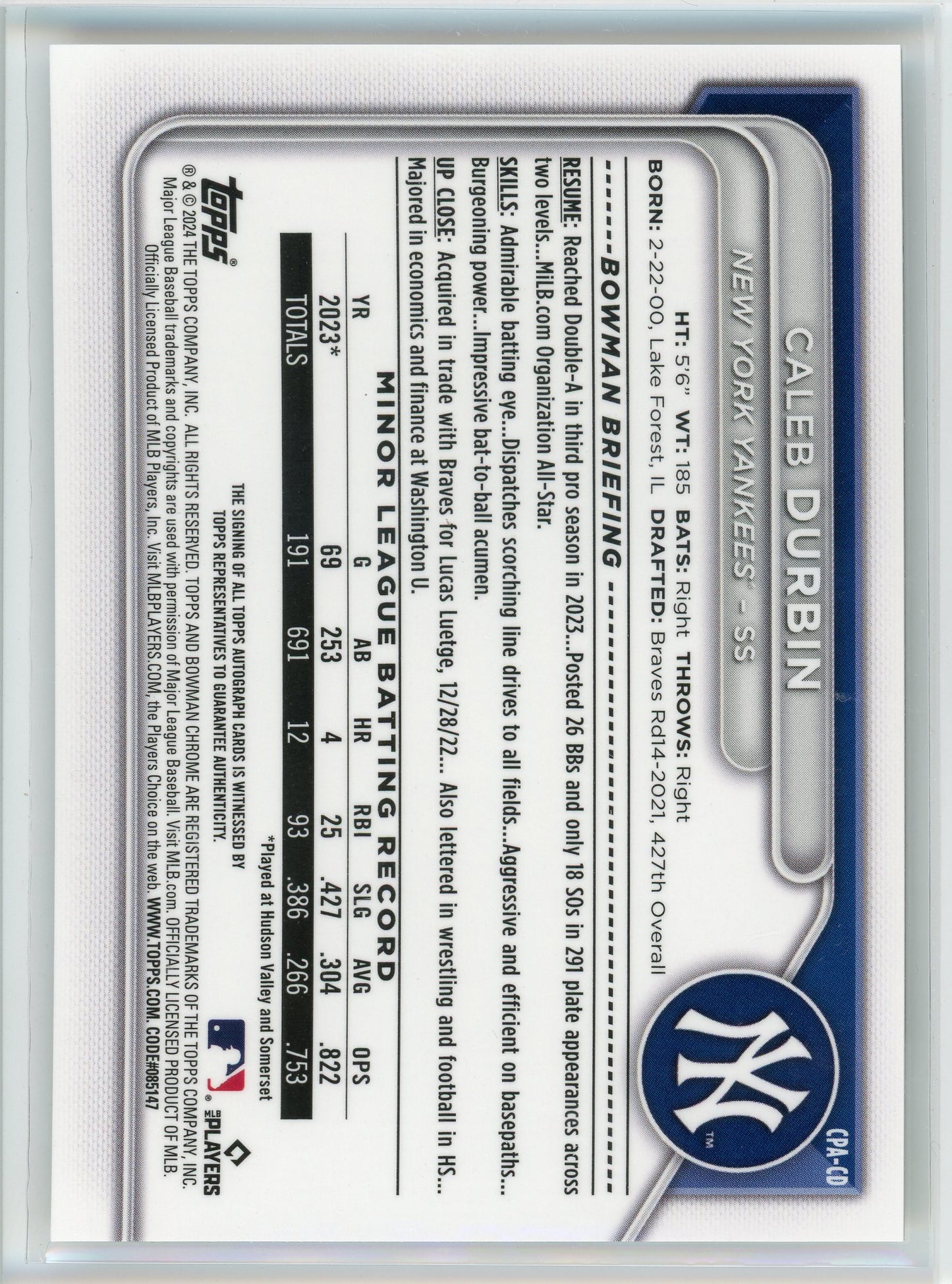 2024 Bowman Chrome #CPA-CD Caleb Durbin Prospects Autographs