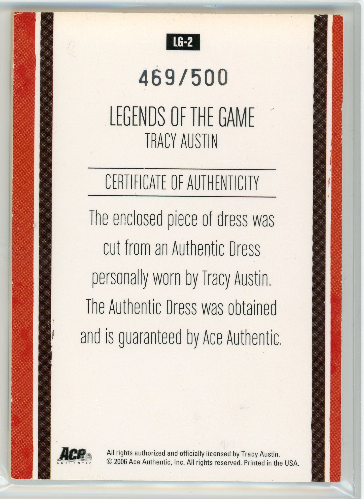 2006 Ace Authentic #LG-2 Tracy Austin Legends of the Game Material
