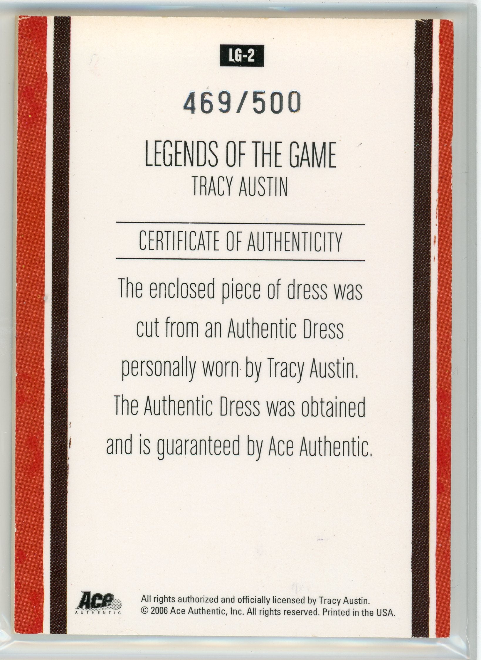 2006 Ace Authentic #LG-2 Tracy Austin Legends of the Game Material