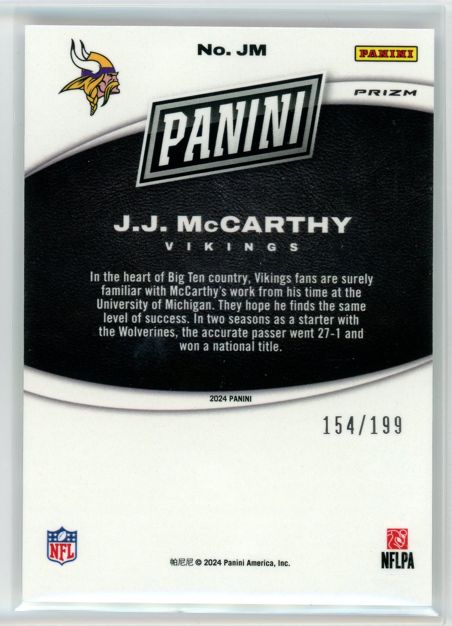 2024 Panini #JM JJ McCarthy Black Friday Sliver Foil /199