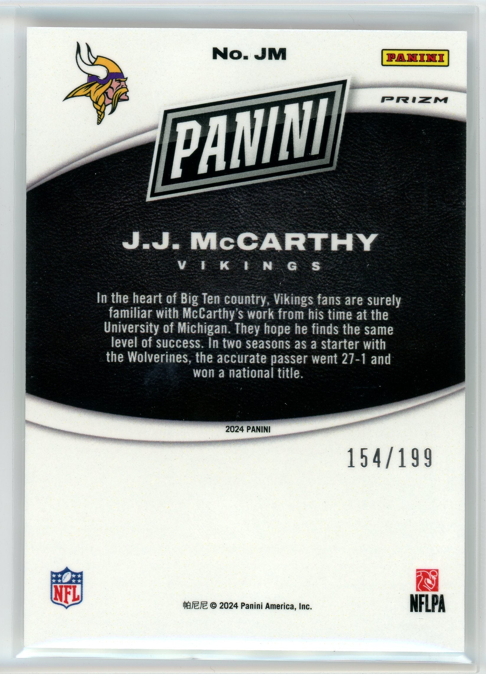 2024 Panini #JM JJ McCarthy Black Friday Sliver Foil /199