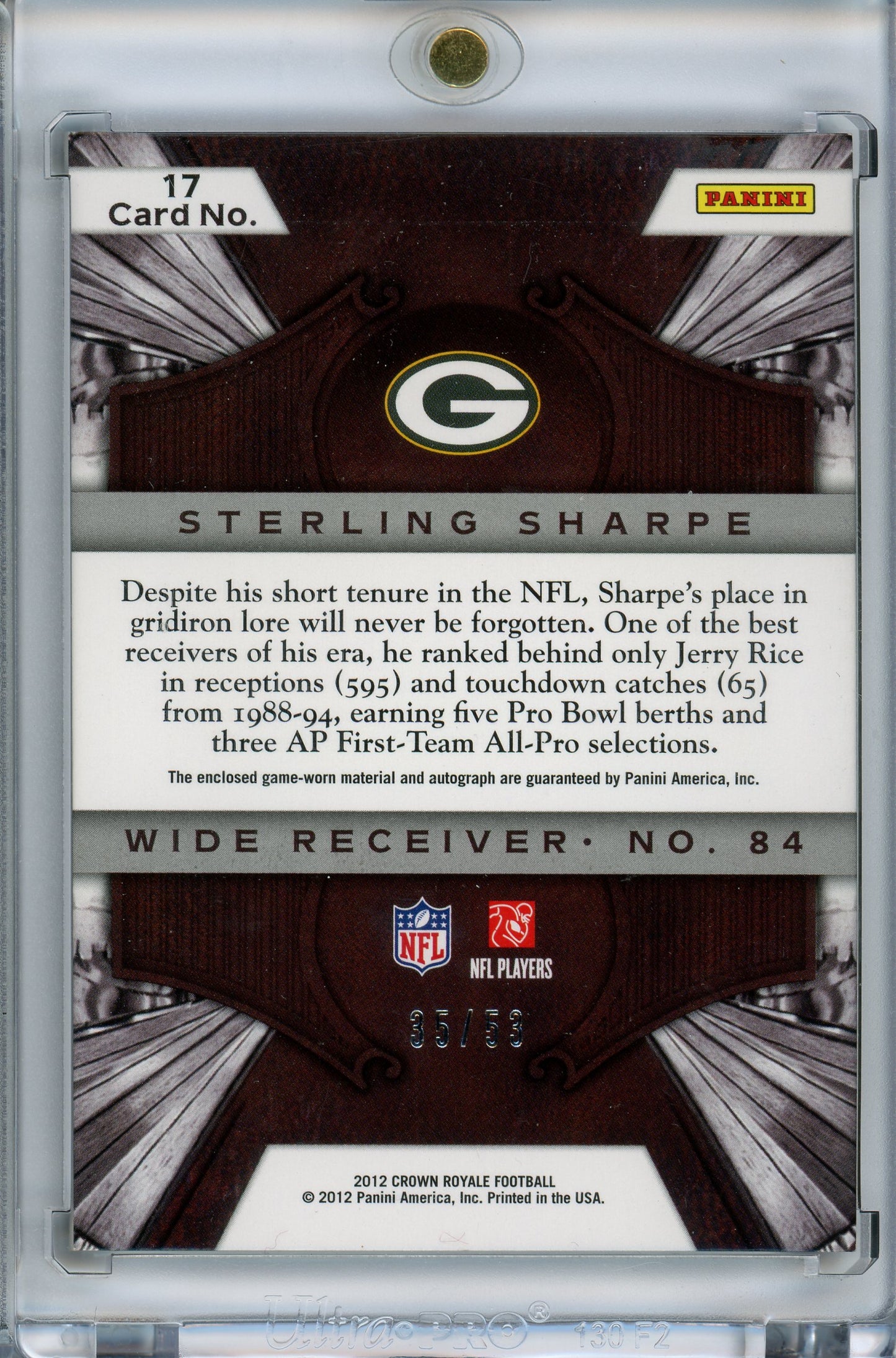 2012 Crown Royale #17 Sterling Sharpe Legendary Silhouette Material Auto /53