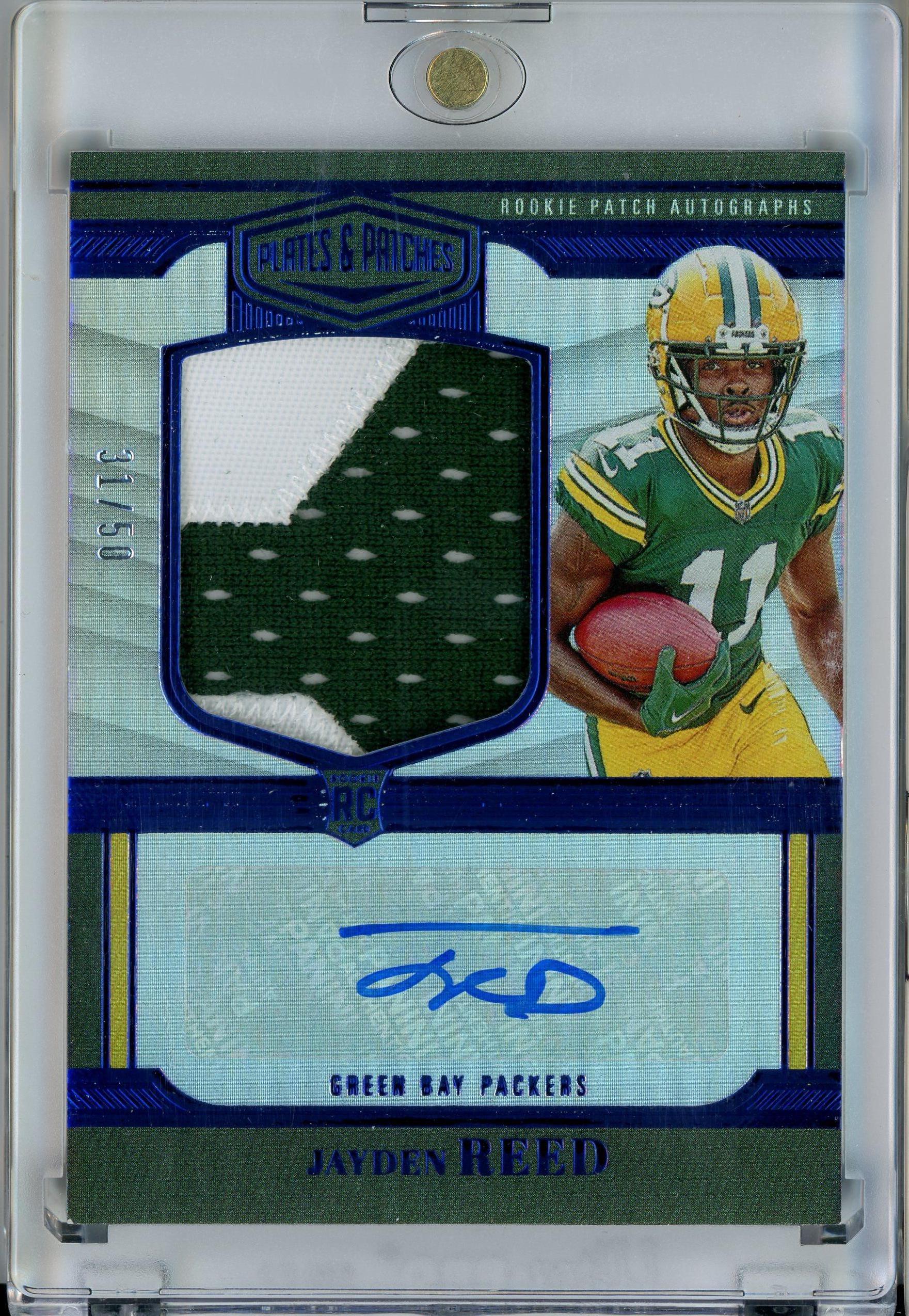 2023 Panini Plates & Patches #RPA-15 Jayden Reed Rookie Patch Auto Blue /50