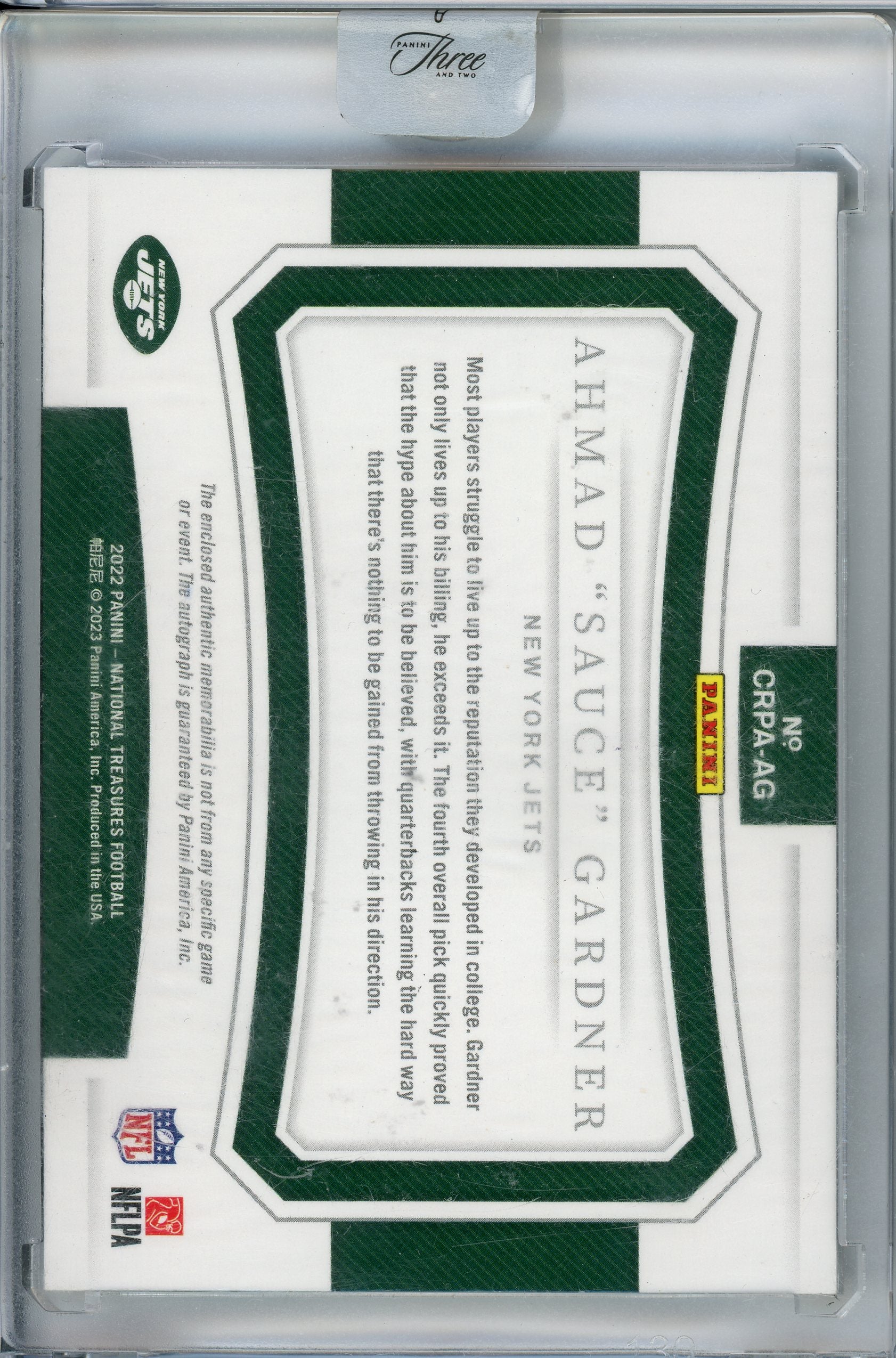 2022 Panini National Treasures #CRPA-AG Ahmad "Sauce" Gardner Patch Auto /49