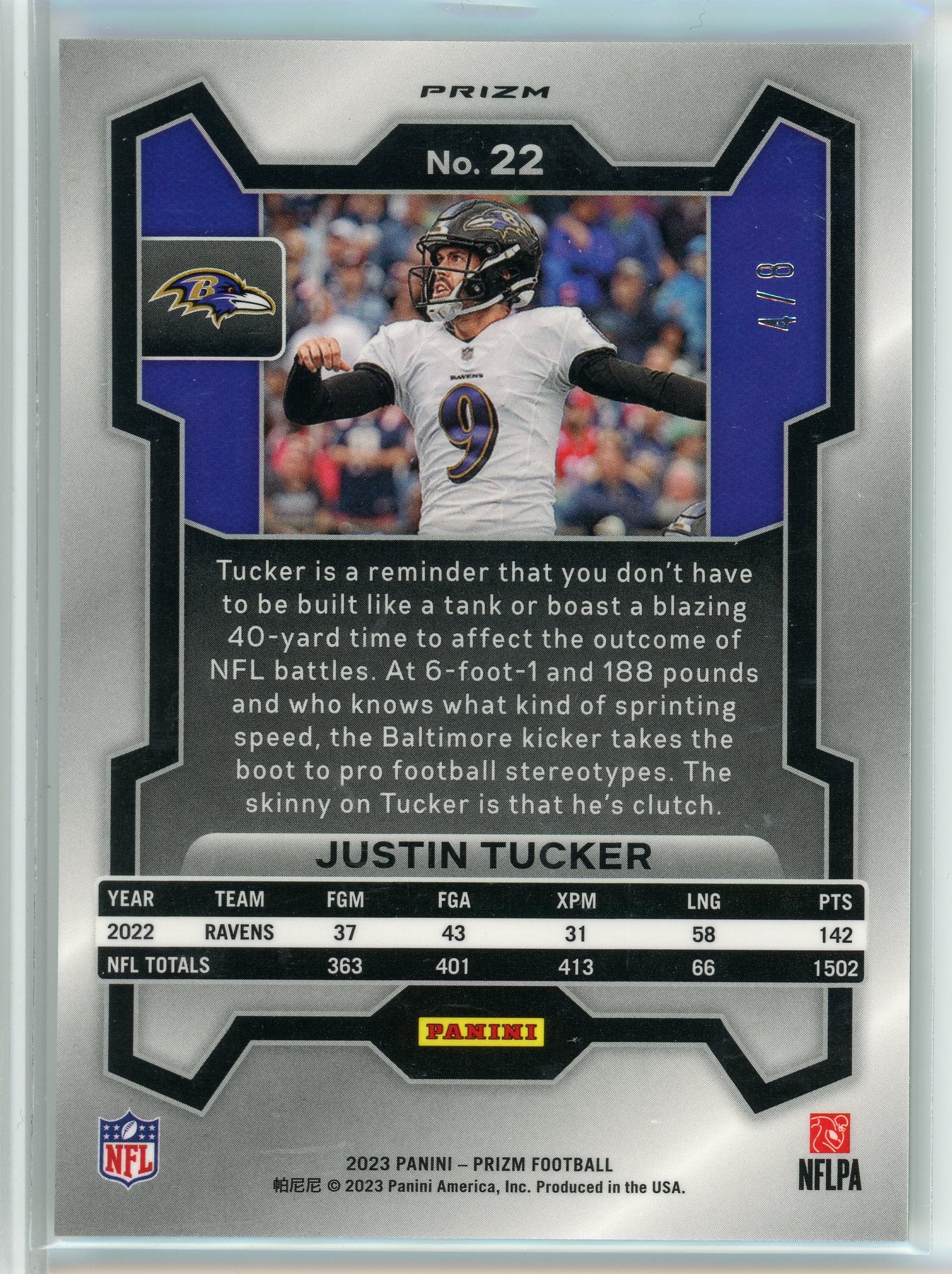 2023 Panini #22 Justin Tucker Green Sparkle Prizm /8