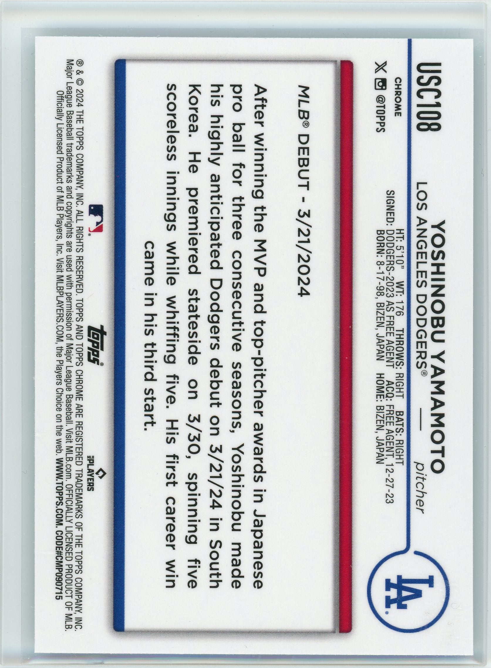 2024 Topps Chrome Update #USC108 Yoshinobu Yamamoto Blue Lava Lamp Refractors /175