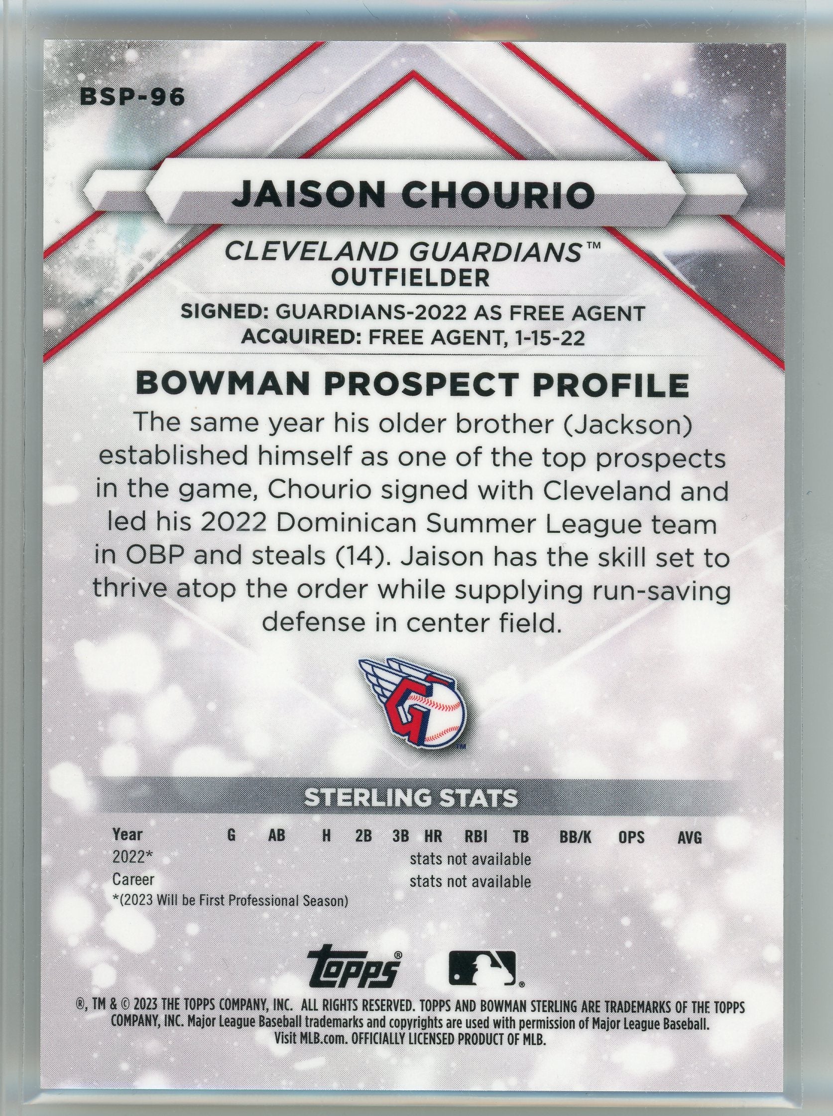2023 Bowman Sterling #BSP-96 Jaison Chourio Gold Refractors #/50