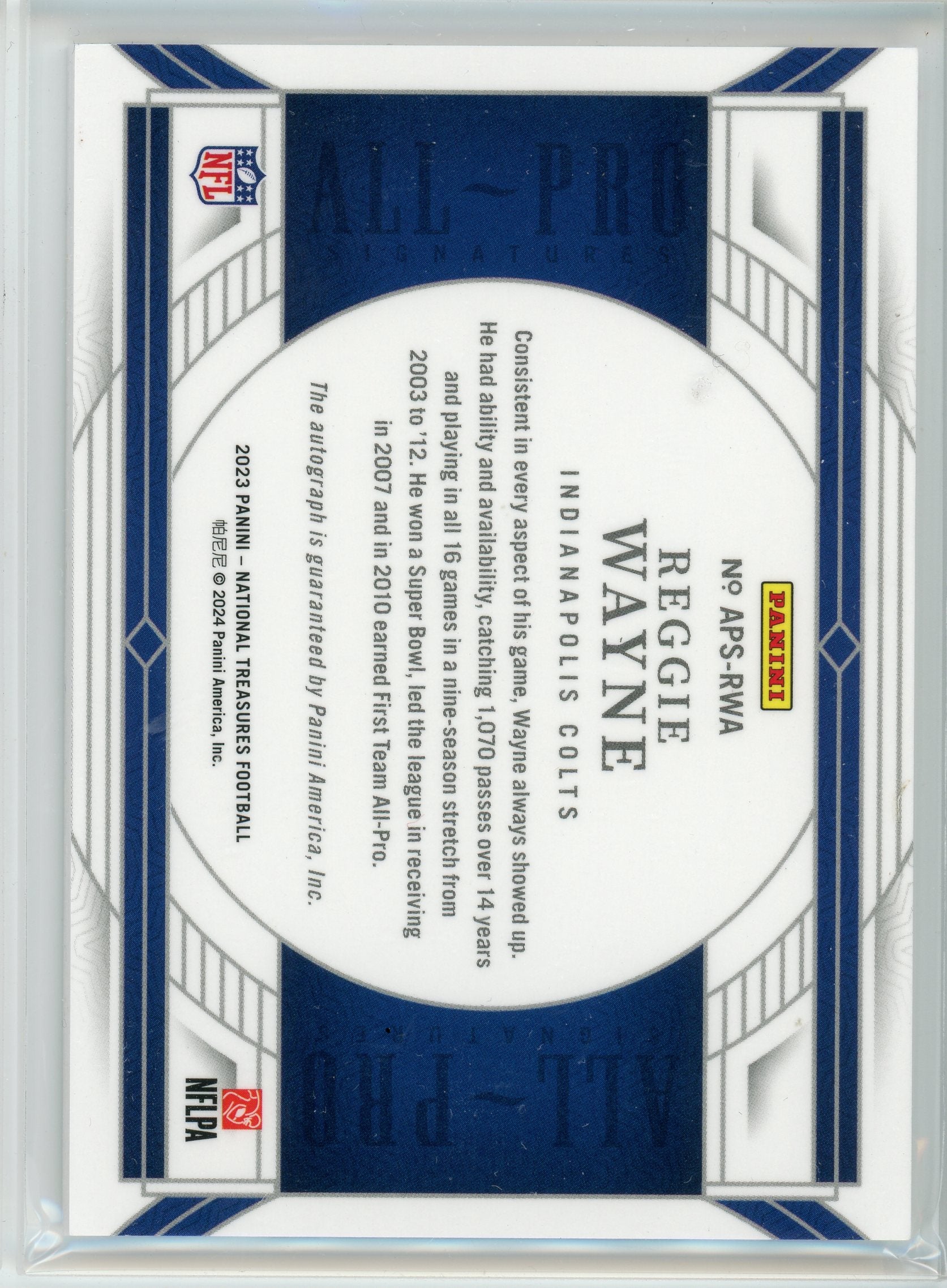 2023 Panini National Treasures #APS-RWA Reggie Wayne All Pro Signatures /99