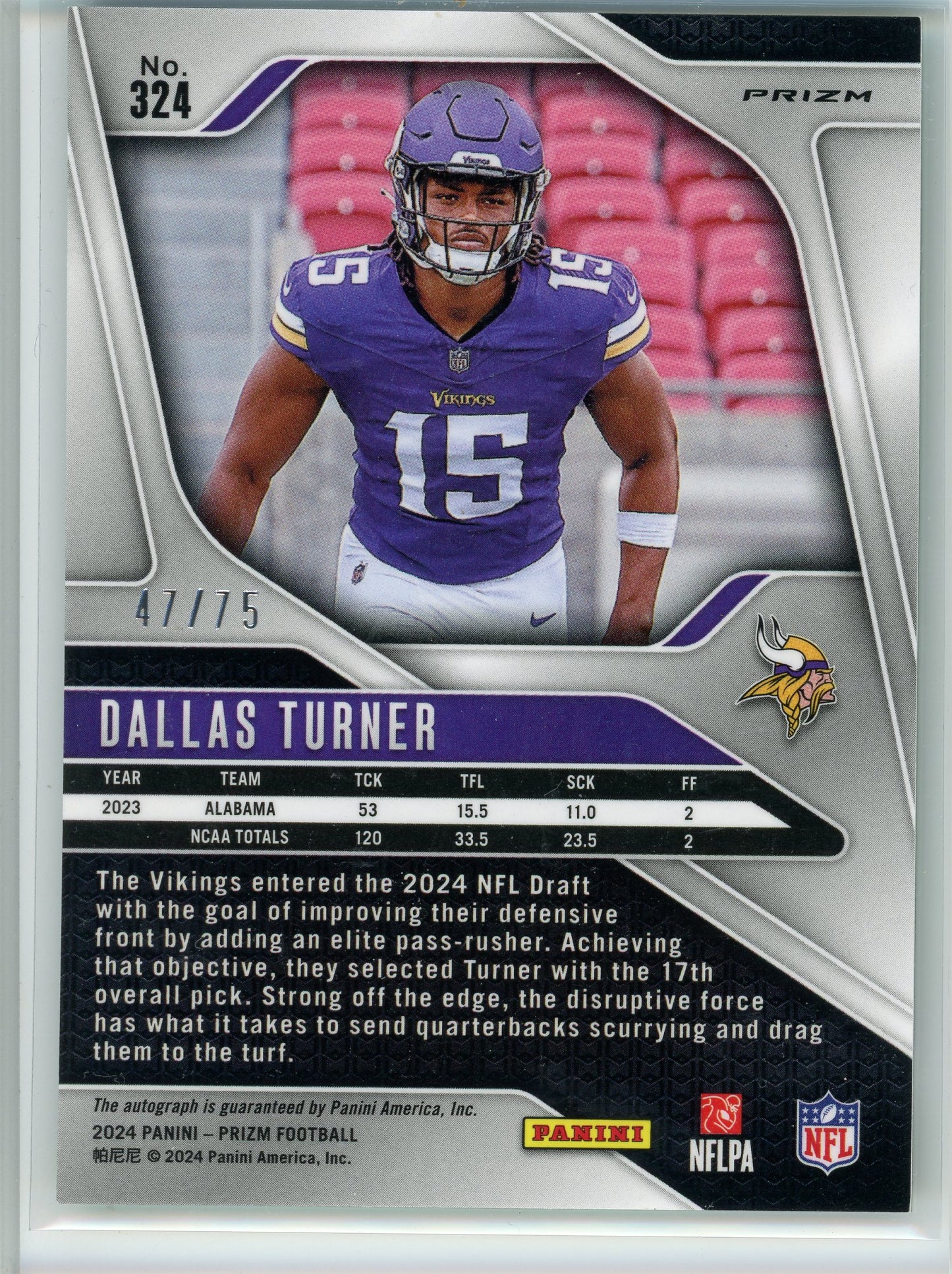 2024 Panini #324 Dallas Turner Green Scope Prizm Auto /75