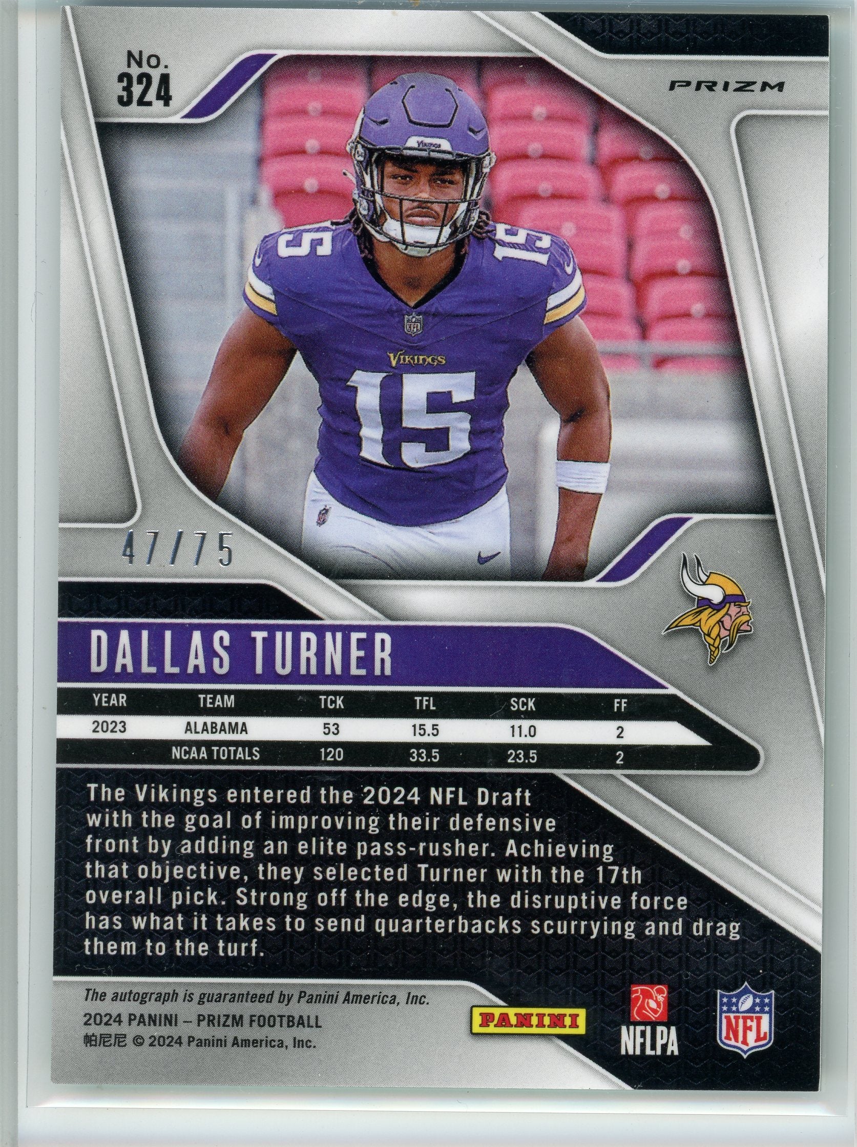 2024 Panini #324 Dallas Turner Green Scope Prizm Auto /75