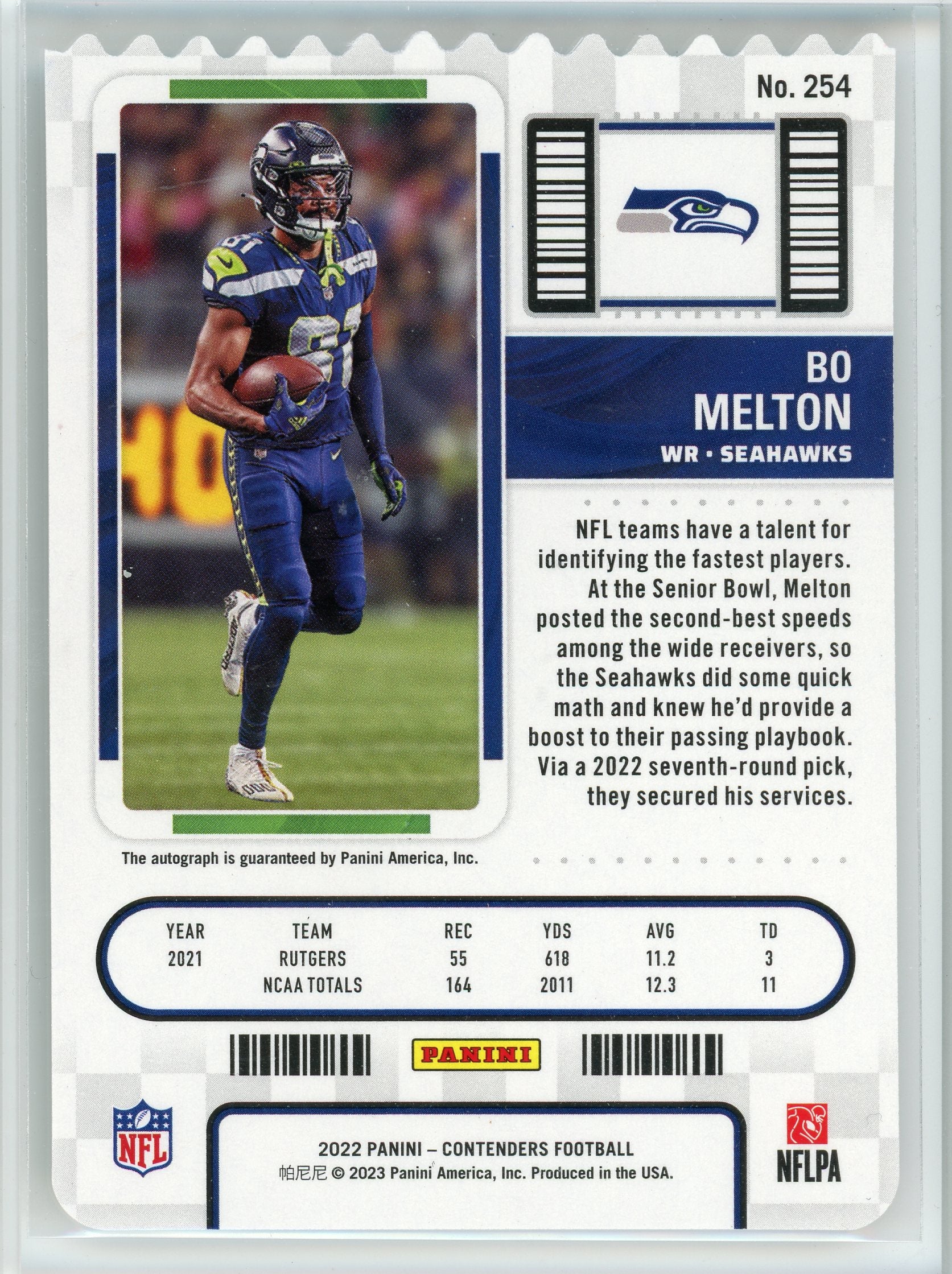 2022 Panini Contenders #254 Bo Melton Rookie Ticket Stub Die Cut Auto /81