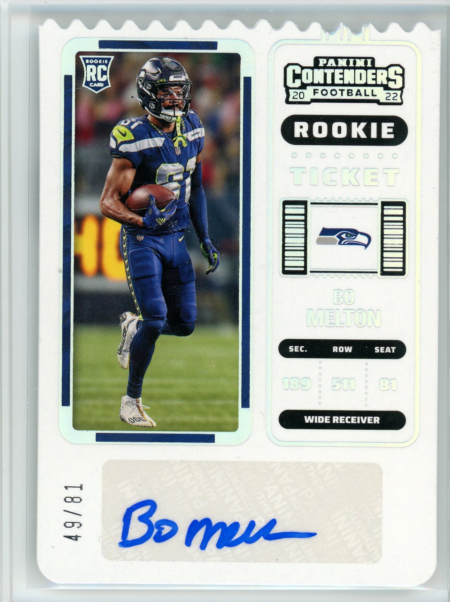 2022 Panini Contenders #254 Bo Melton Rookie Ticket Stub Die Cut Auto /81