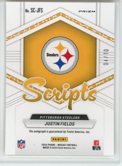 2024 Panini Mosaic #SC-JFS Justin Fields Scrips Yellow No Huddle Prizm Auto /10